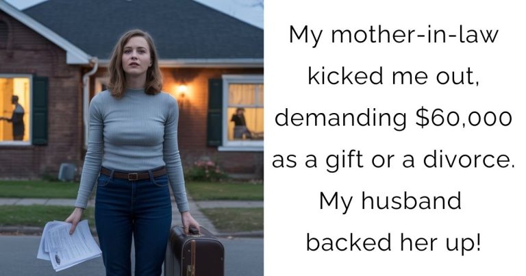 My mother-in-law kicked me out, demanding $60,000 as a gift or a divorce. My husband backed her up!