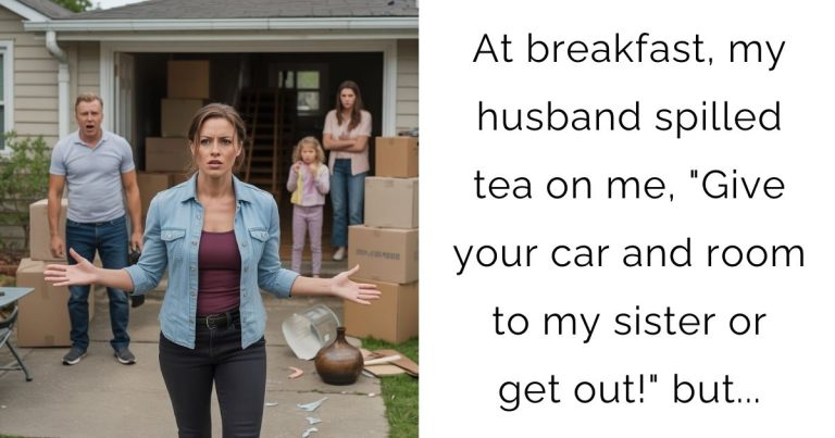 At breakfast, my husband spilled tea on me, “Give your car and room to my sister or get out!” but…