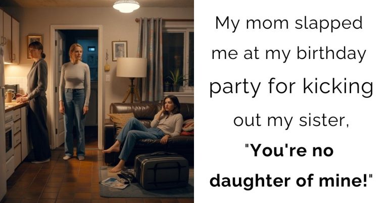 My mom slapped me at my birthday party for kicking out my sister, “You’re no daughter of mine!”