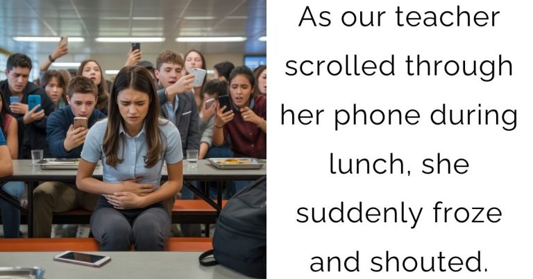 As our teacher scrolled through her phone during lunch, she suddenly froze and shouted.