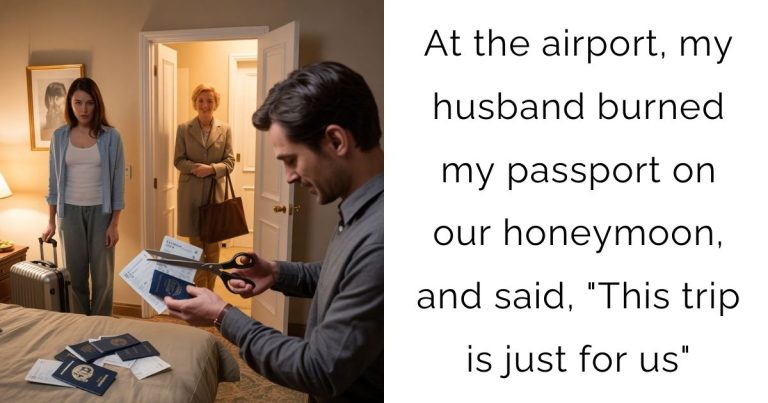 At the airport, my husband burned my passport on our honeymoon, and said, “This trip is just for us”