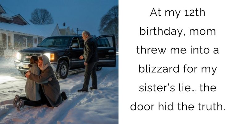 At my 12th birthday, mom threw me into a blizzard for my sister’s lie… the door hid the truth.