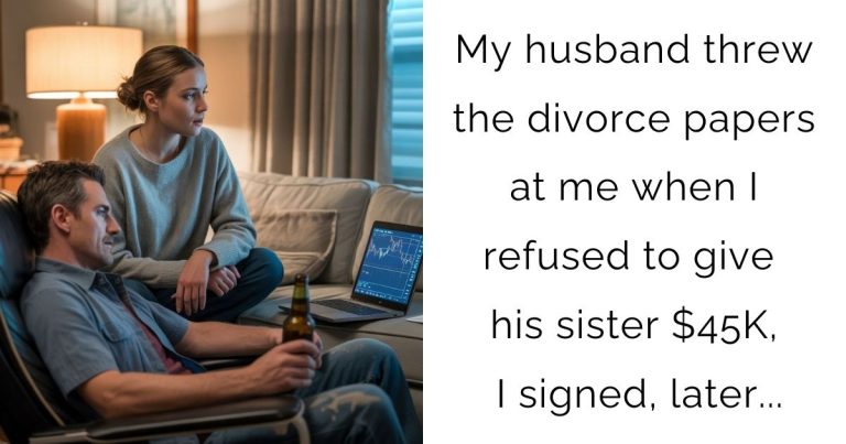My husband threw the divorce papers at me when I refused to give his sister $45K, I signed, later…