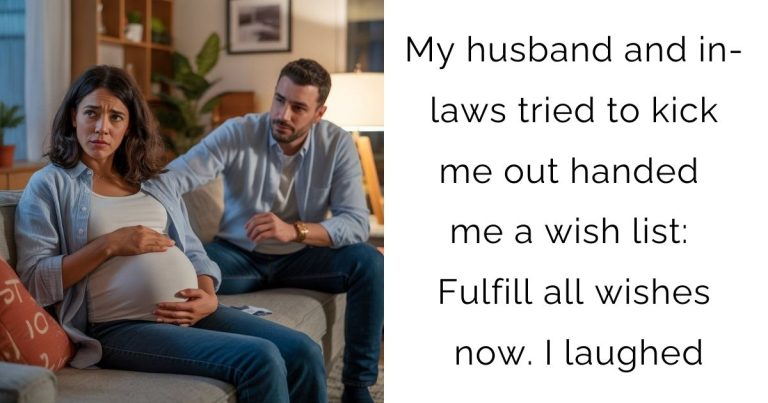 My husband and in-laws tried to kick me out handed me a wish list: Fulfill all wishes now. I laughed