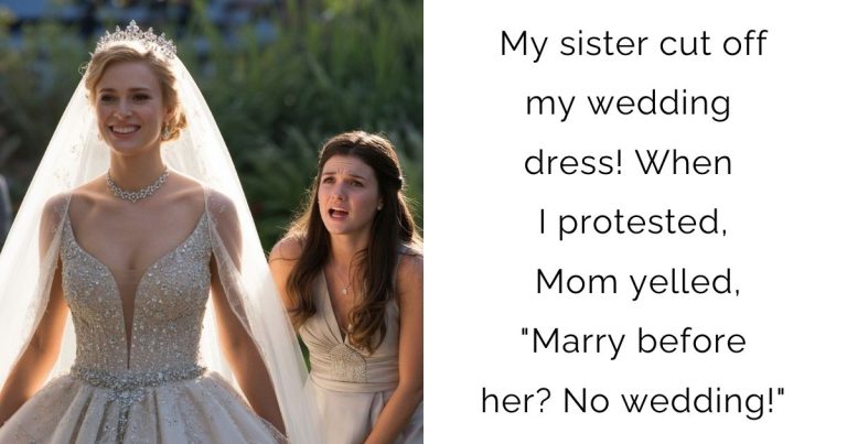 My sister cut off my wedding dress! When I protested, Mom yelled, “Marry before her? No wedding!”