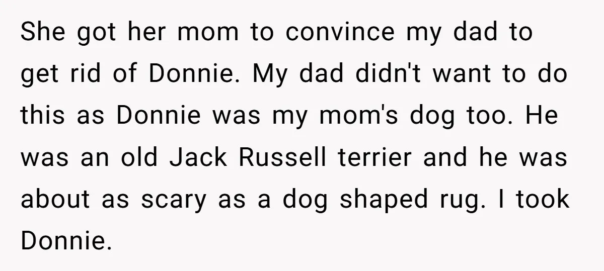 She got her mom to convince my dad to get rid of Donnie. My dad didn't want to do this as Donnie was my mom's dog too. He was an...