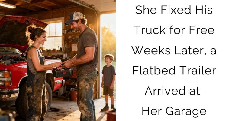 She Fixed His Truck for Free — Weeks Later, a Flatbed Trailer Arrived at Her Garage