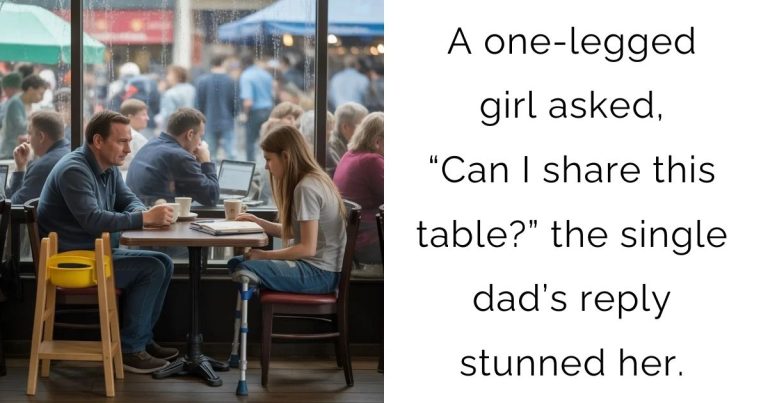 A one-legged girl asked, “Can I share this table?” — the single dad’s reply stunned her.