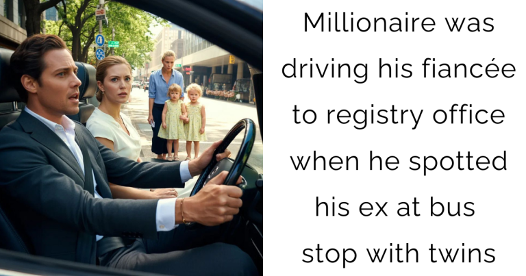 Millionaire was driving his fiancée to registry office when he spotted his ex at bus stop with twins