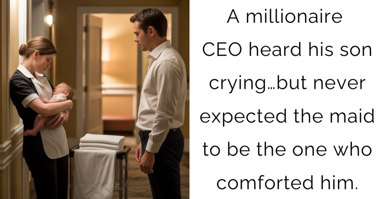 A millionaire CEO heard his son crying… but never expected the maid to be the one who comforted him.