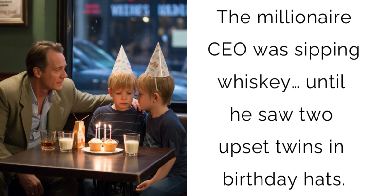 The millionaire CEO was sipping whiskey… until he saw two upset twins in birthday hats.