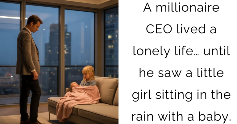A millionaire CEO lived a lonely life… until he saw a little girl sitting in the rain with a baby.