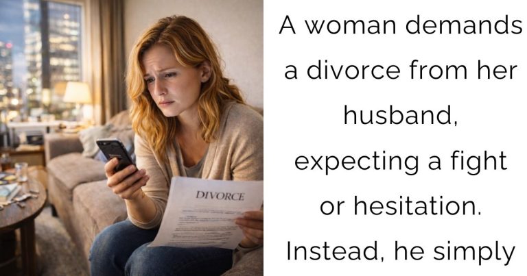 A woman demands a divorce from her husband, expecting a fight or hesitation. Instead, he simply