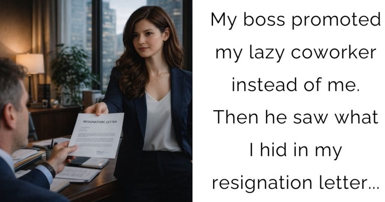 My boss promoted my lazy coworker instead of me. Then he saw what I hid in my resignation letter…