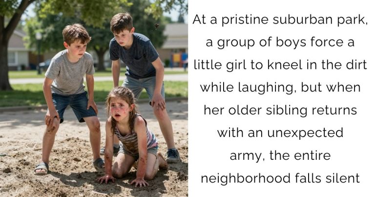 At a pristine suburban park, a group of boys force a little girl to kneel in the dirt while laughing, but when her older sibling returns with an unexpected army, the entire neighborhood falls silent