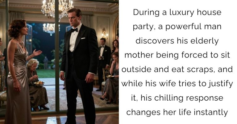 During a luxury house party, a powerful man discovers his elderly mother being forced to sit outside and eat scraps, and while his wife tries to justify it, his chilling response changes her life instantly