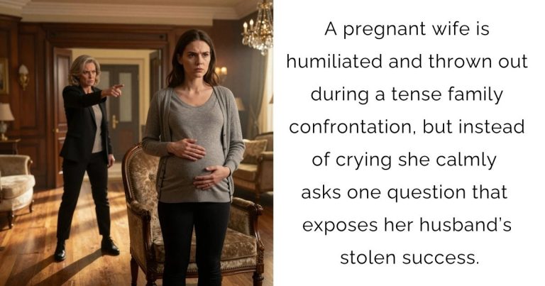 A pregnant wife is humiliated and thrown out during a tense family confrontation, but instead of crying she calmly asks one question that exposes her husband’s stolen success.