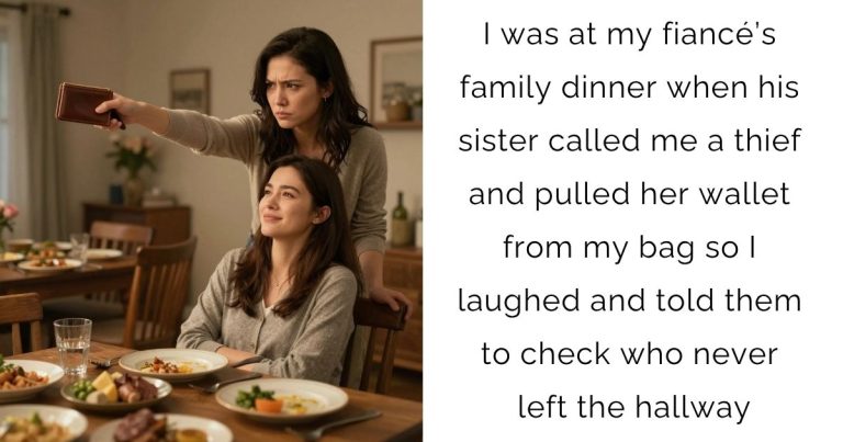 I was at my fiancé’s family dinner when his sister called me a thief and pulled her wallet from my bag so I laughed and told them to check who never left the hallway