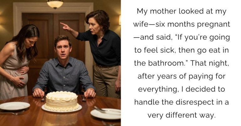 My mother looked at my wife—six months pregnant—and said, “If you’re going to feel sick, then go eat in the bathroom.” That night, after years of paying for everything, I decided to handle the disrespect in a very different way.