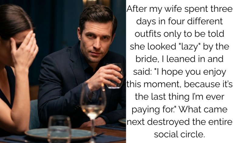 After my wife spent three days in four different outfits only to be told she looked “lazy” by the bride, I leaned in and said: “I hope you enjoy this moment, because it’s the last thing I’m ever paying for.” What came next destroyed the entire social circle.