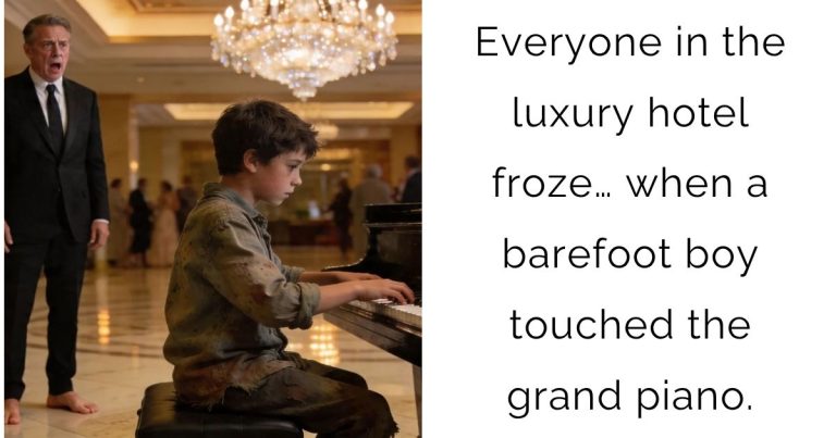 Everyone in the luxury hotel froze… when a barefoot boy touched the grand piano.