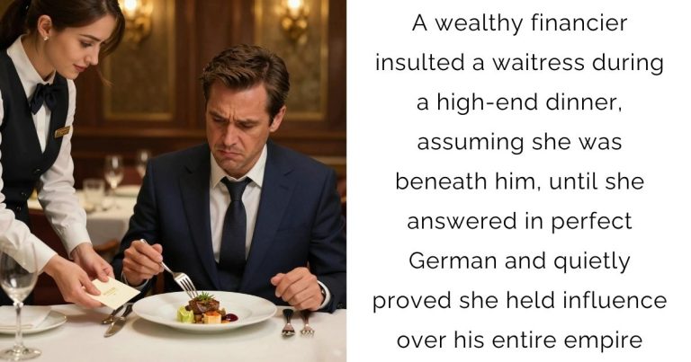 A wealthy financier insulted a waitress during a high-end dinner, assuming she was beneath him, until she answered in perfect German and quietly proved she held influence over his entire empire