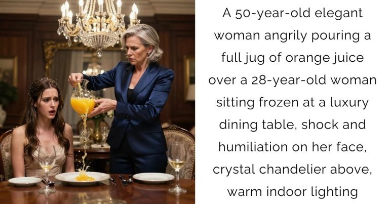 A 50-year-old elegant woman angrily pouring a full jug of orange juice over a 28-year-old woman sitting frozen at a luxury dining table, shock and humiliation on her face, crystal chandelier above, warm indoor lighting