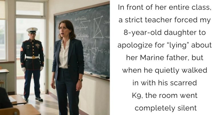In front of her entire class, a strict teacher forced my 8-year-old daughter to apologize for “lying” about her Marine father, but when he quietly walked in with his scarred K9, the room went completely silent