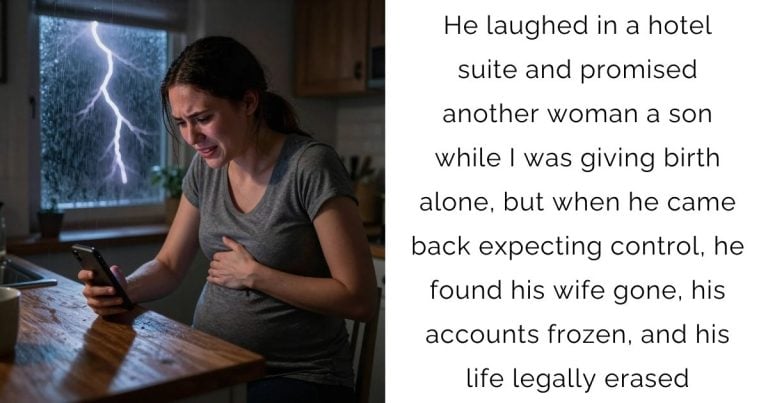 He laughed in a hotel suite and promised another woman a son while I was giving birth alone, but when he came back expecting control, he found his wife gone, his accounts frozen, and his life legally erased