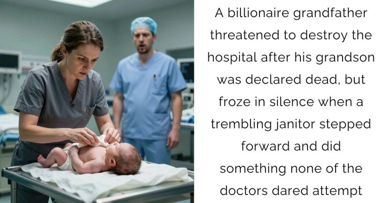 A billionaire grandfather threatened to destroy the hospital after his grandson was declared dead, but froze in silence when a trembling janitor stepped forward and did something none of the doctors dared attempt