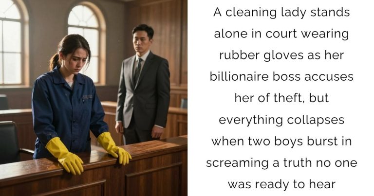A cleaning lady stands alone in court wearing rubber gloves as her billionaire boss accuses her of theft, but everything collapses when two boys burst in screaming a truth no one was ready to hear