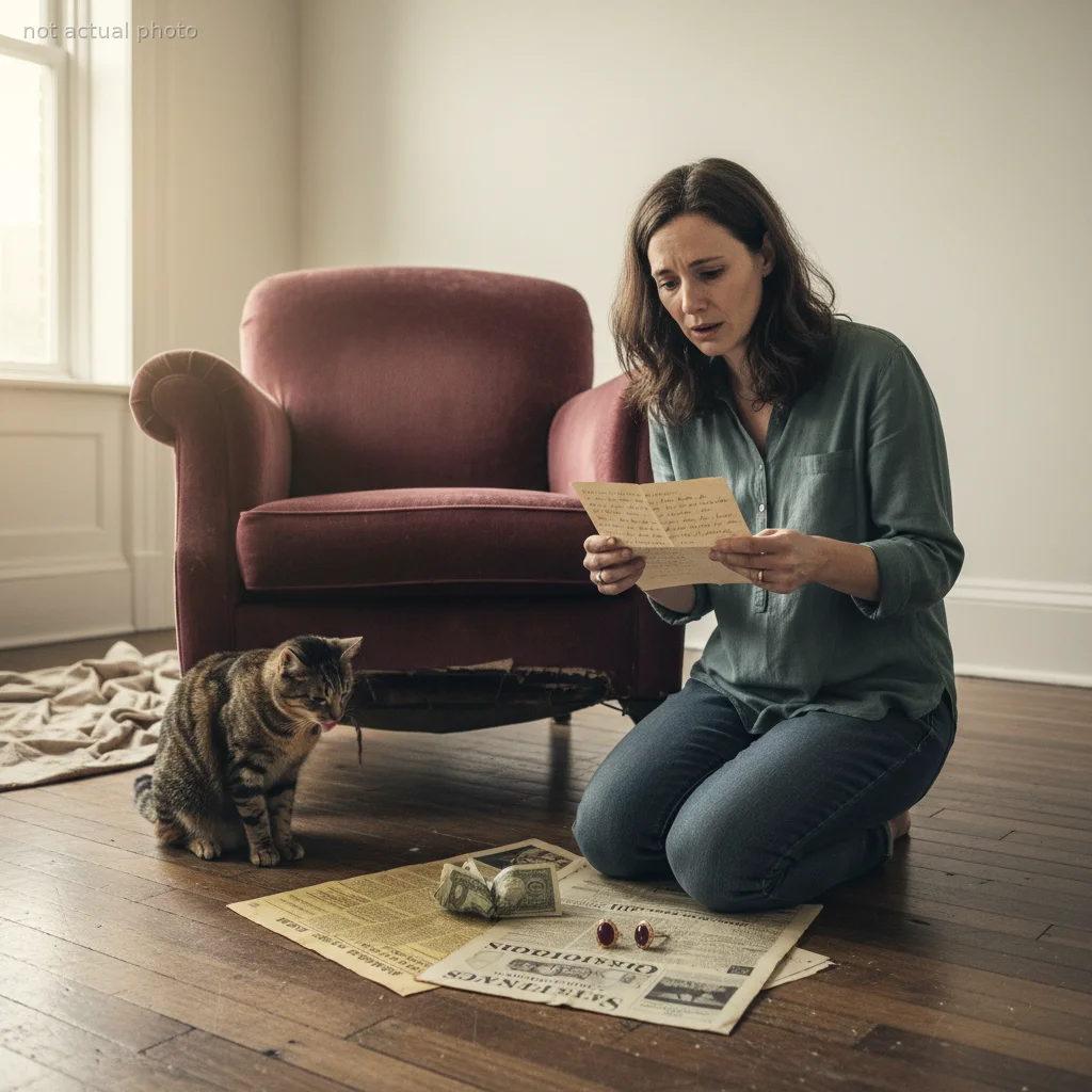 My cat scratched the one chair I kept… and out fell ruby earrings, old bills, and a letter my grandfather wrote the night my mother was born.