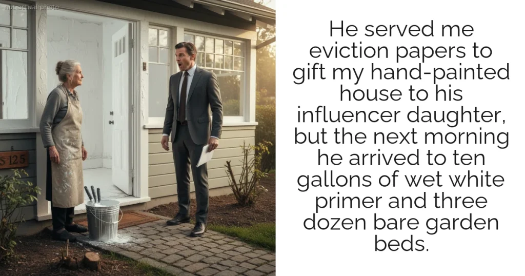 He served me eviction papers to gift my hand-painted house to his influencer daughter, but the next morning he arrived to ten gallons of wet white primer and three dozen bare garden beds.