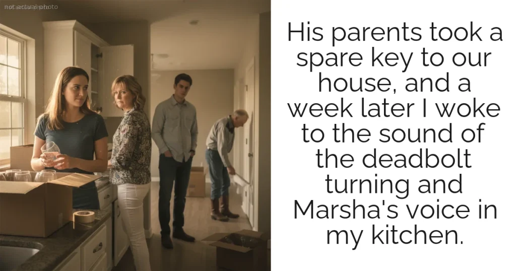 His parents took a spare key to our house, and a week later I woke to the sound of the deadbolt turning and Marsha's voice in my kitchen.