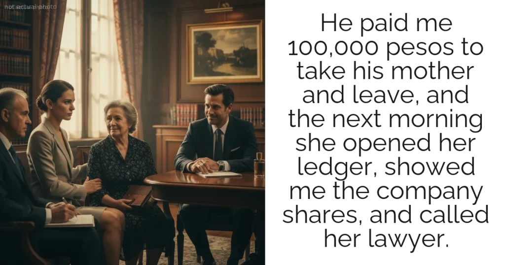 He paid me 100,000 pesos to take his mother and leave, and the next morning she opened her ledger, showed me the company shares, and called her lawyer.