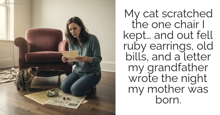 My cat scratched the one chair I kept… and out fell ruby earrings, old bills, and a letter my grandfather wrote the night my mother was born.