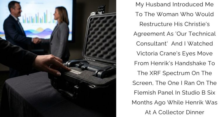My Husband Introduced Me To The Woman Who Would Restructure His Christie’s Agreement As ‘Our Technical Consultant’ — And I Watched Victoria Crane’s Eyes Move From Henrik’s Handshake To The XRF Spectrum On The Screen, The One I Ran On The Flemish Panel In Studio B Six Months Ago While Henrik Was At A Collector Dinner