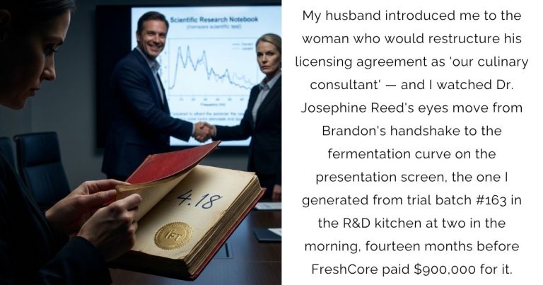 My husband introduced me to the woman who would restructure his licensing agreement as ‘our culinary consultant’ — and I watched Dr. Josephine Reed’s eyes move from Brandon’s handshake to the fermentation curve on the presentation screen, the one I generated from trial batch #163 in the R&D kitchen at two in the morning, fourteen months before FreshCore paid $900,000 for it.