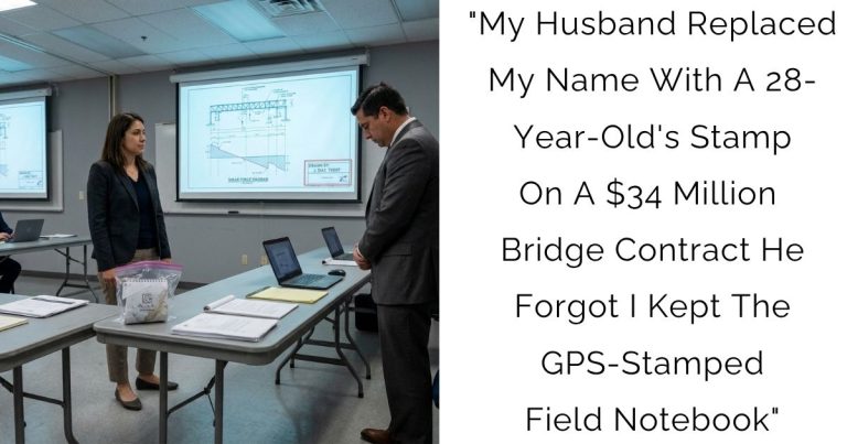 “My Husband Replaced My Name With A 28-Year-Old’s Stamp On A $34 Million Bridge Contract — He Forgot I Kept The GPS-Stamped Field Notebook”