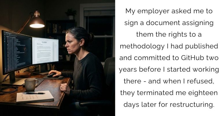 My employer asked me to sign a document assigning them the rights to a methodology I had published and committed to GitHub two years before I started working there – and when I refused, they terminated me eighteen days later for restructuring.