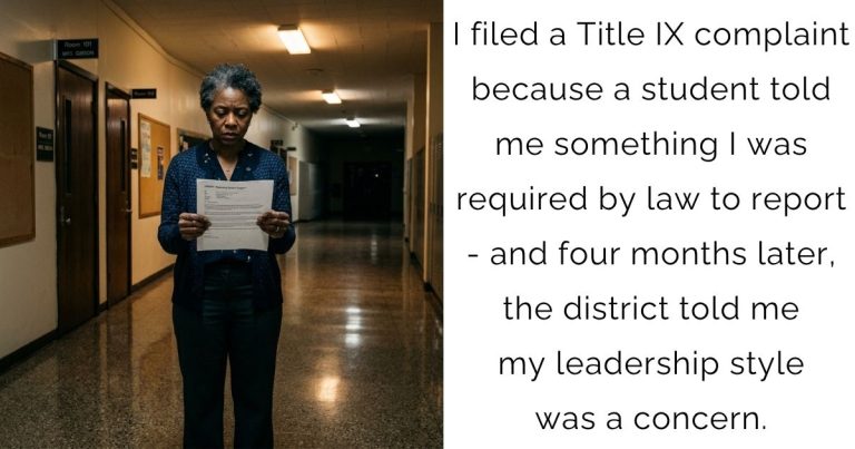 I filed a Title IX complaint because a student told me something I was required by law to report – and four months later, the district told me my leadership style was a concern.