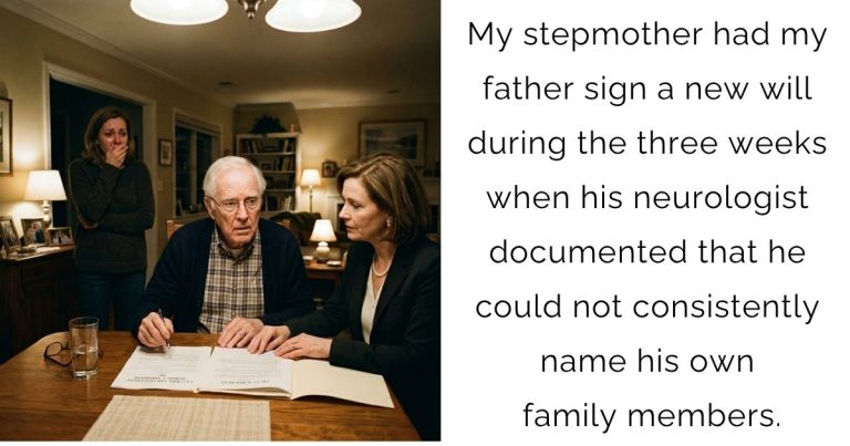 My stepmother had my father sign a new will during the three weeks when his neurologist documented that he could not consistently name his own family members.