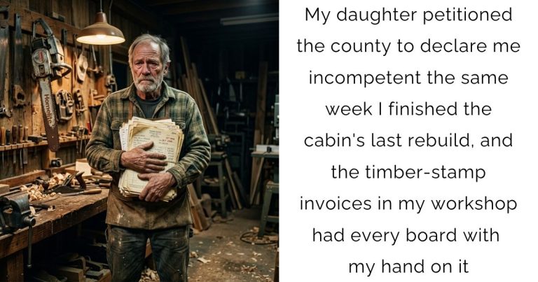 My daughter petitioned the county to declare me incompetent the same week I finished the cabin’s last rebuild, and the timber-stamp invoices in my workshop had every board with my hand on it