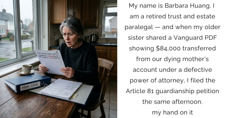 My name is Barbara Huang. I am a retired trust and estate paralegal — and when my older sister shared a Vanguard PDF showing $84,000 transferred from our dying mother’s account under a defective power of attorney, I filed the Article 81 guardianship petition the same afternoon.