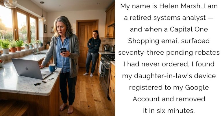 My name is Helen Marsh. I am a retired systems analyst — and when a Capital One Shopping email surfaced seventy-three pending rebates I had never ordered, I found my daughter-in-law’s device registered to my Google Account and removed it in six minutes.