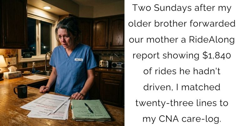 Two Sundays after my older brother forwarded our mother a RideAlong report showing $1,840 of rides he hadn’t driven, I matched twenty-three lines to my CNA care-log.