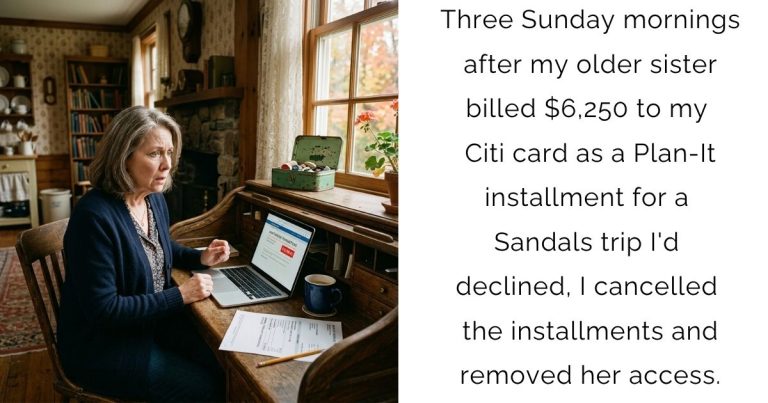 Three Sunday mornings after my older sister billed $6,250 to my Citi card as a Plan-It installment for a Sandals trip I’d declined, I cancelled the installments and removed her access.