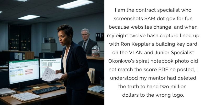 I am the contract specialist who screenshots SAM dot gov for fun because websites change, and when my eight twelve hash capture lined up with Ron Keppler’s building key card on the VLAN and Junior Specialist Okonkwo’s spiral notebook photo did not match the score PDF he posted, I understood my mentor had deleted the truth to hand two million dollars to the wrong logo.