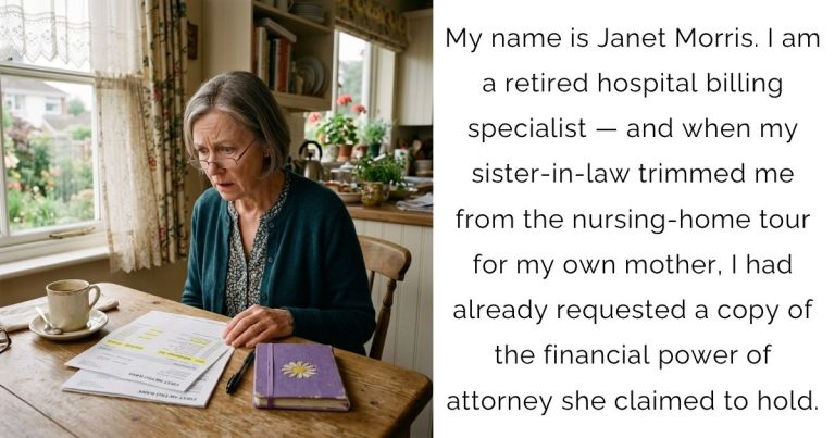My name is Janet Morris. I am a retired hospital billing specialist — and when my sister-in-law trimmed me from the nursing-home tour for my own mother, I had already requested a copy of the financial power of attorney she claimed to hold.
