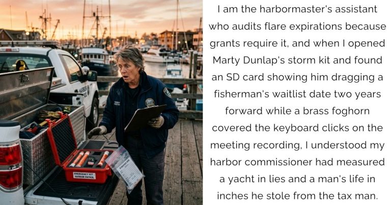 I am the harbormaster’s assistant who audits flare expirations because grants require it, and when I opened Marty Dunlap’s storm kit and found an SD card showing him dragging a fisherman’s waitlist date two years forward while a brass foghorn covered the keyboard clicks on the meeting recording, I understood my harbor commissioner had measured a yacht in lies and a man’s life in inches he stole from the tax man.